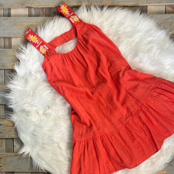 EUC {Anthro} Embroidered Pink Textured Ruffled & Tiered Orange Sundress | Small - Picture 14 of 15